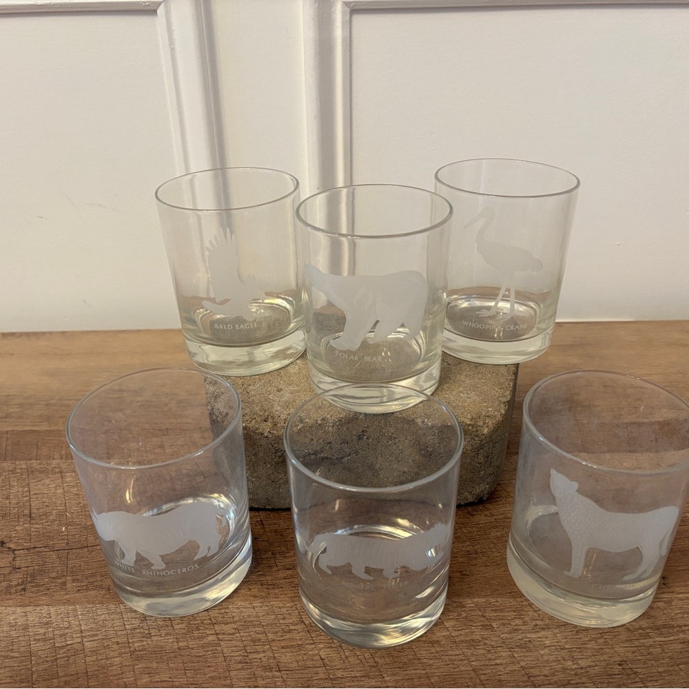 6 Vintage Georg Jensen Cocktail Whiskey Rocks Glasses Endangered Etched Animals